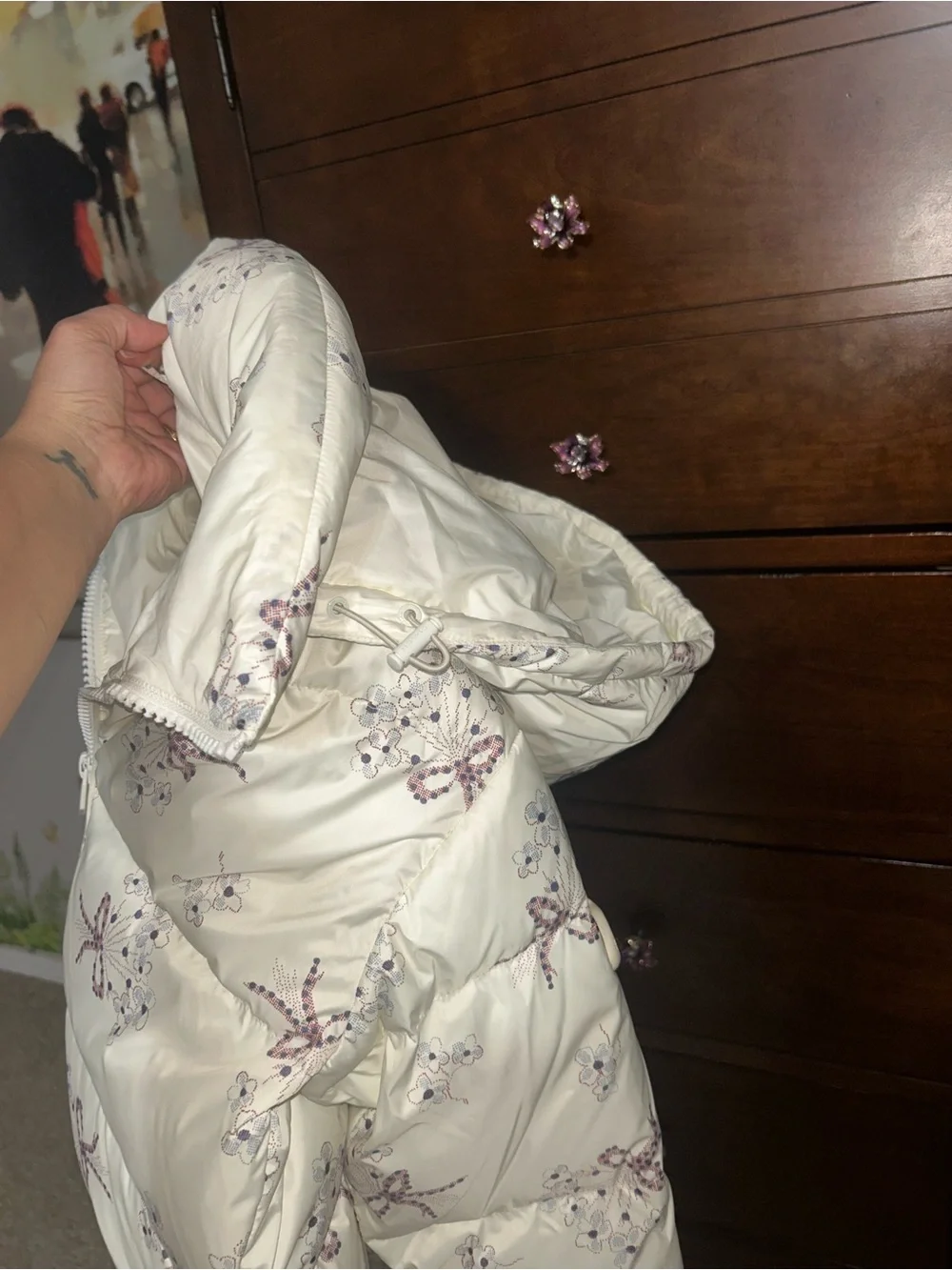 NWOT! Coach Off- White Floral Bow Print Puffer Jacket with Hood size S